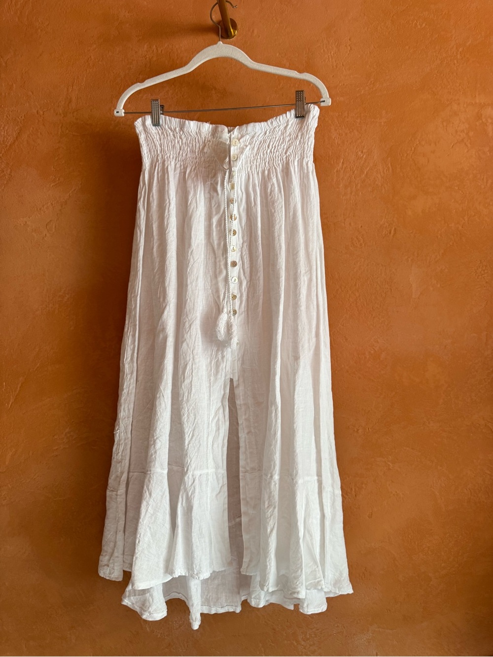 Gigi Moda White 100% Linen Smocked Button Front Maxi Skirt One Size
